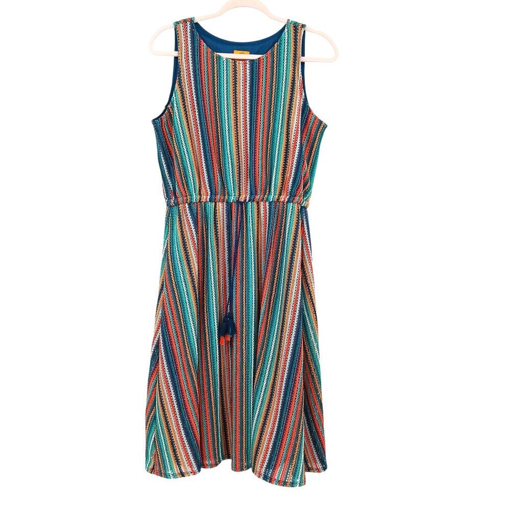 Ruby Rd Crochet Multicolor Striped Sleeveless Dress MP Tassel Tie Waist